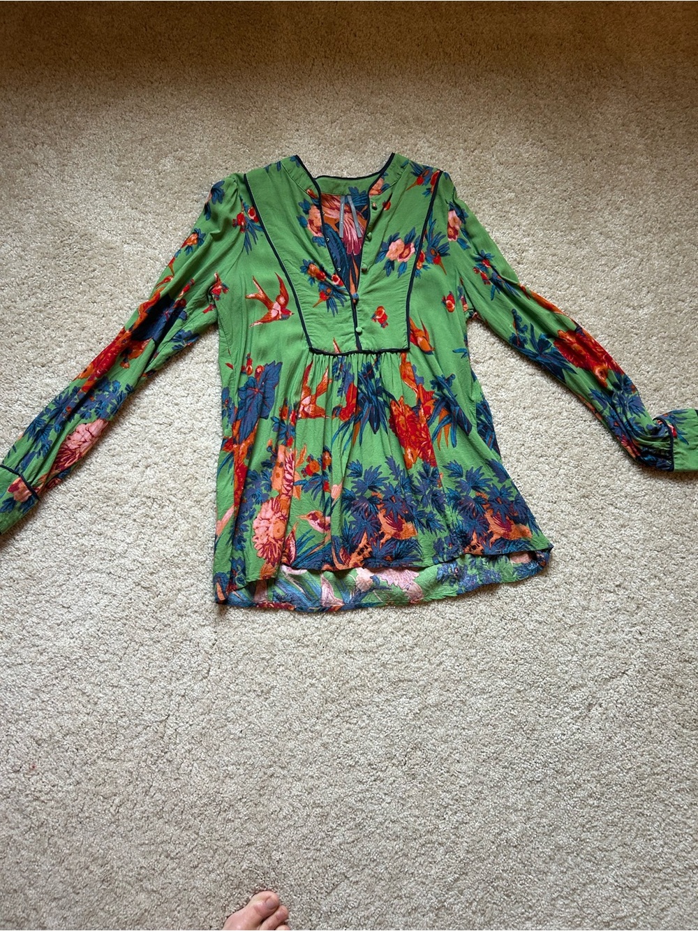 Anthropologie Green Floral V-Neck Top